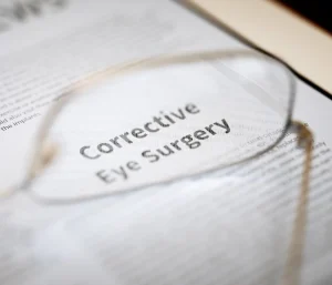 photo of glasses magnifying the phrase "corrective eye surgery"