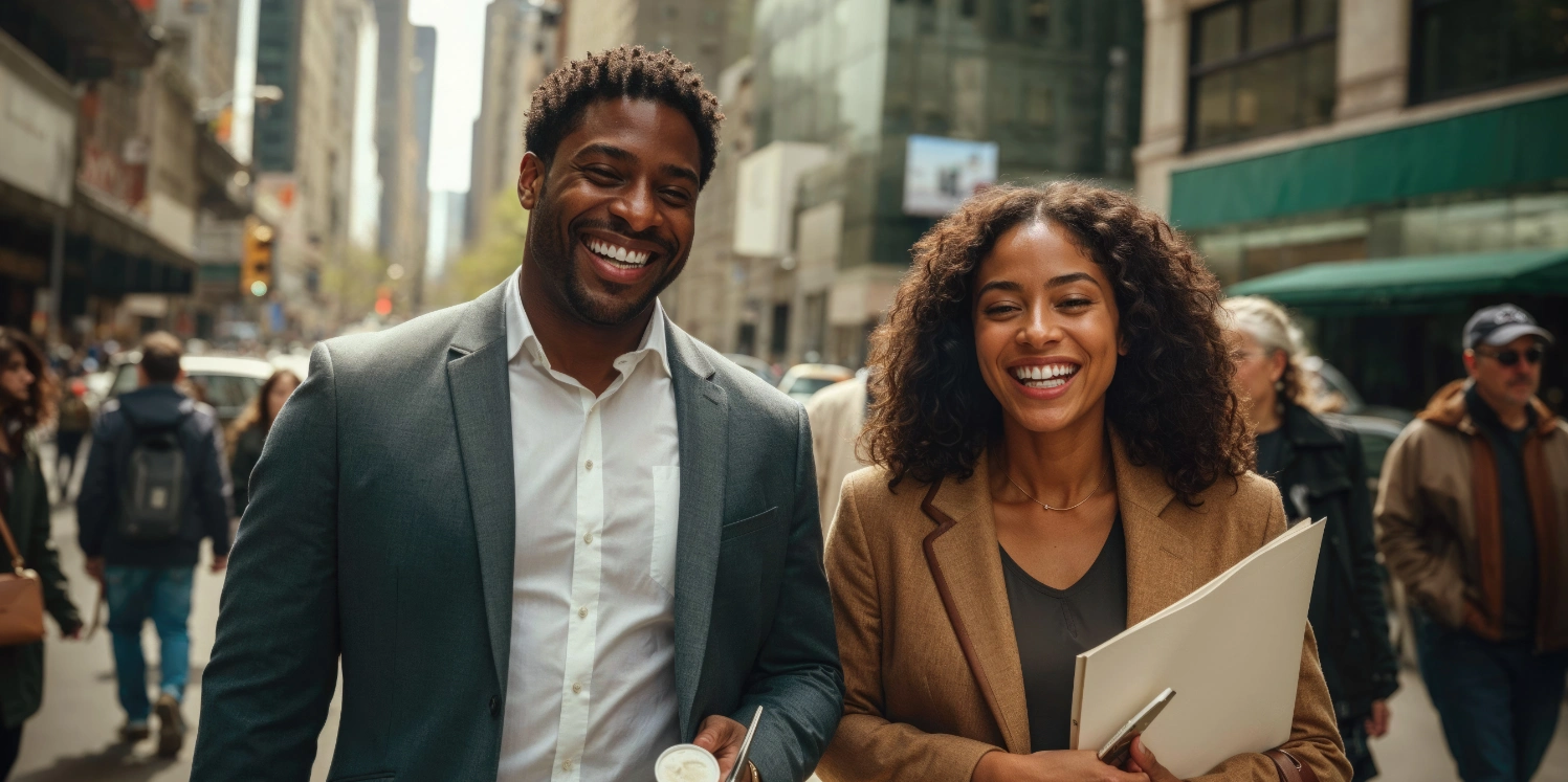 Active business couple walking downtown