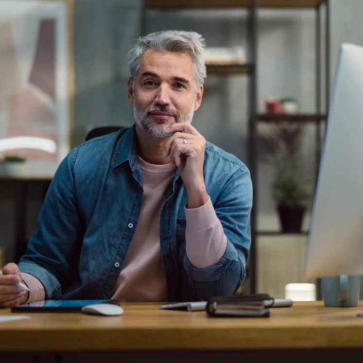 mature man doing work on a tablet
