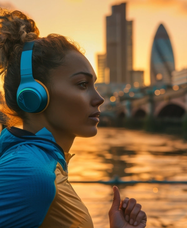 young woman running outdoors at sunset