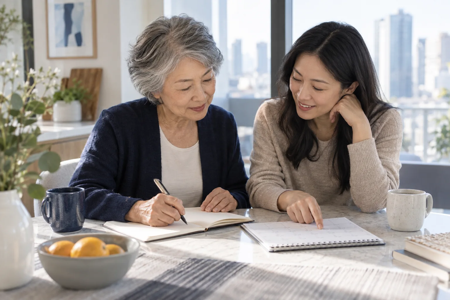 Older woman and her daughter planning an appointment at home