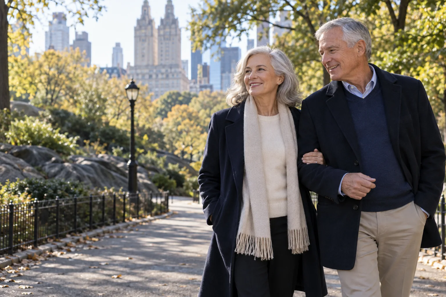 Older couple walking together in a Manhattan park