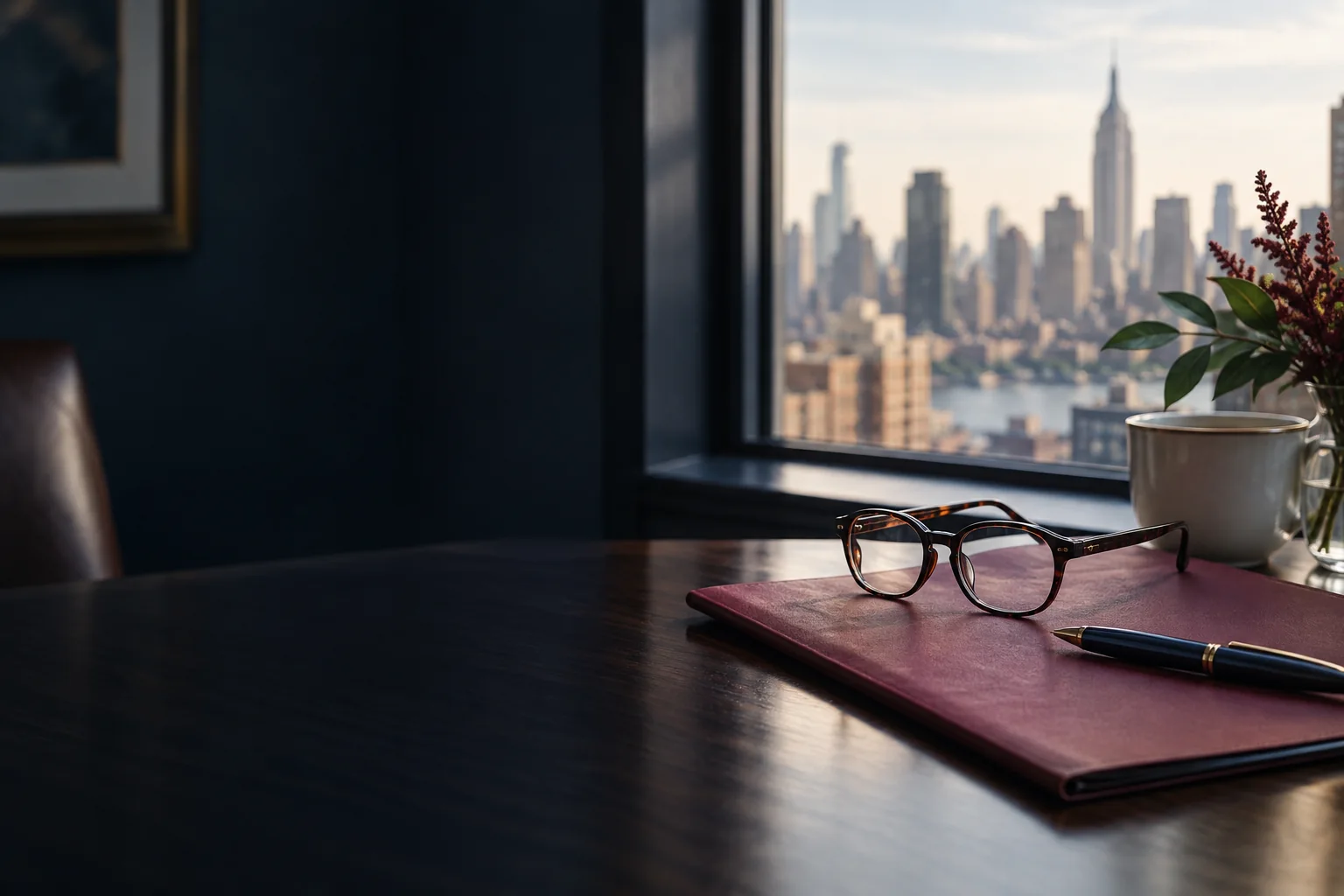 Reading glasses and a document folder beside a Manhattan window