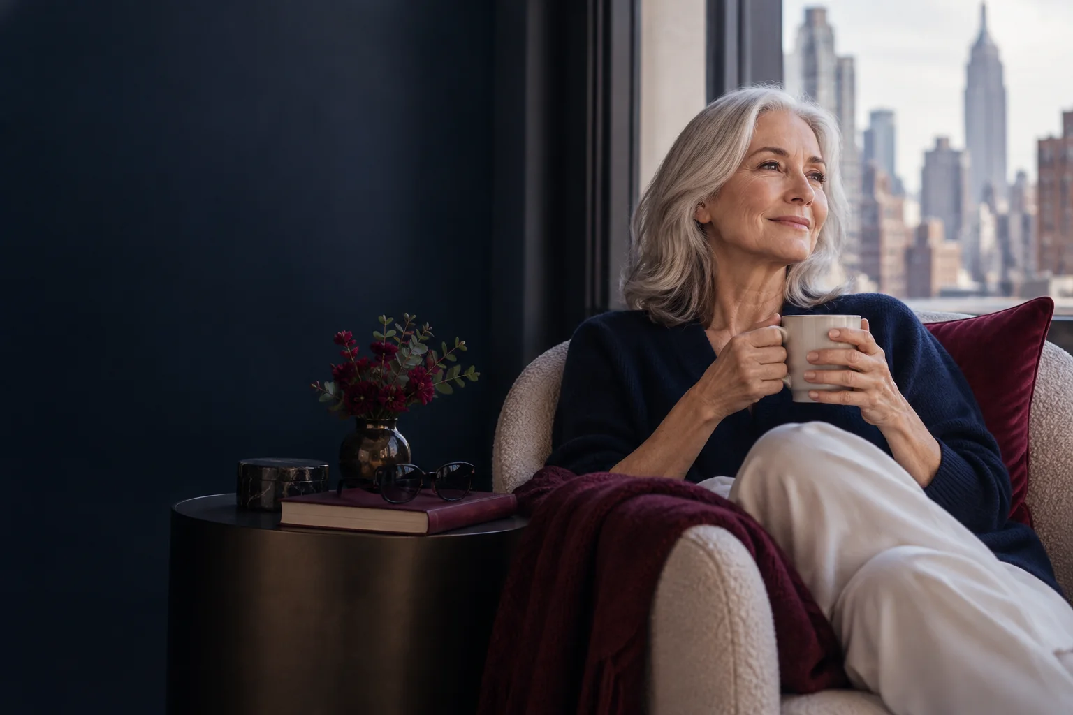 Older woman relaxing with a book and sunglasses nearby