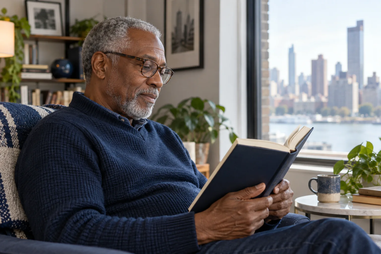 Older man reading a book beside a New York apartment window