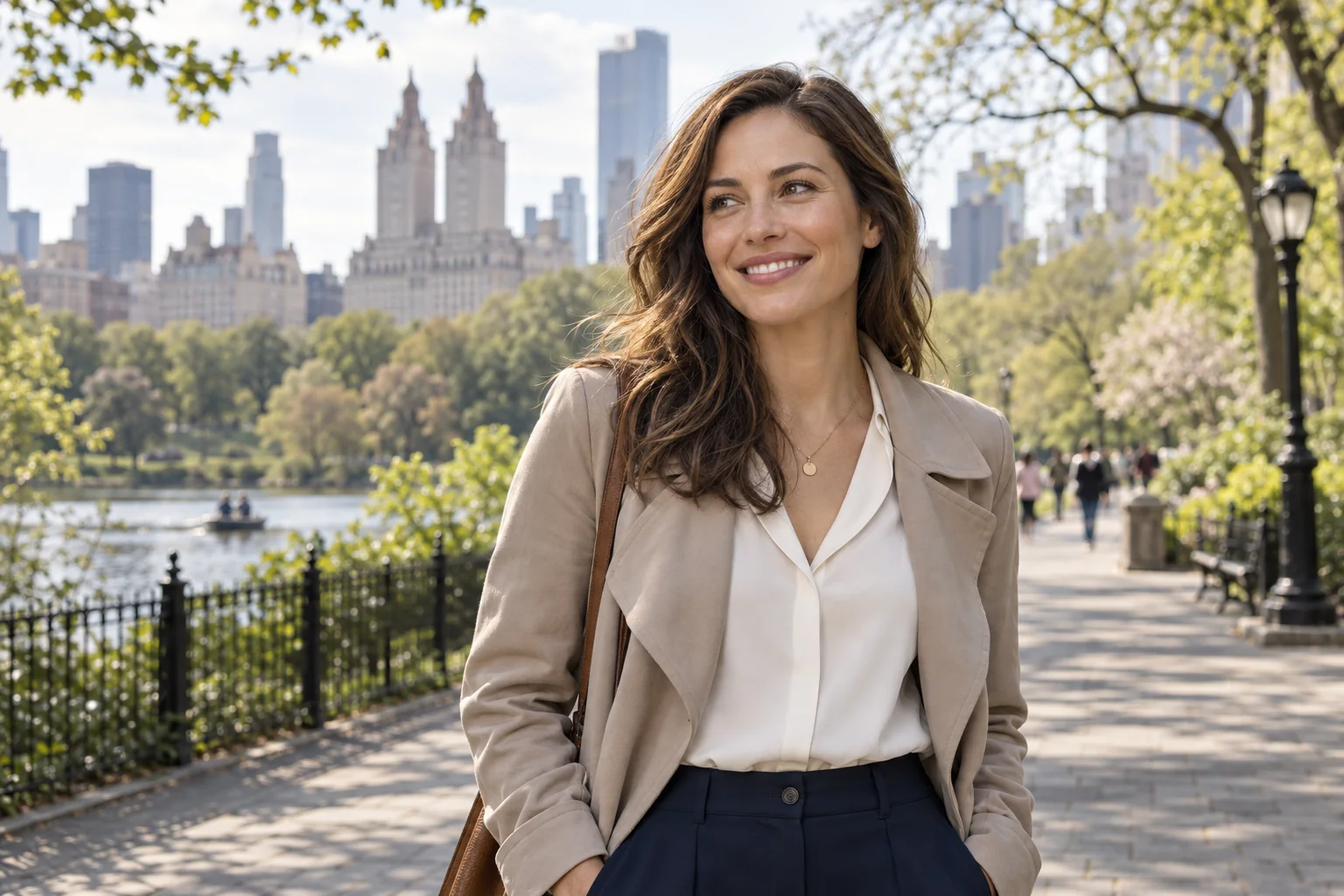 Woman enjoying a sunny walk in a Manhattan park