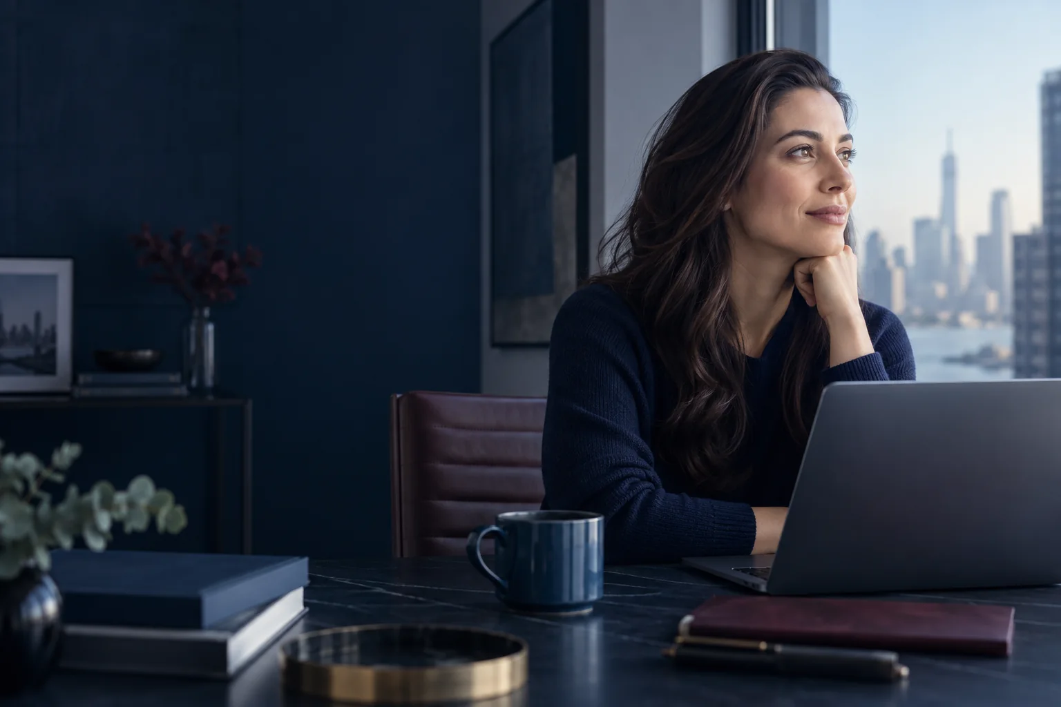 Woman resting her eyes beside a laptop and sunlit window