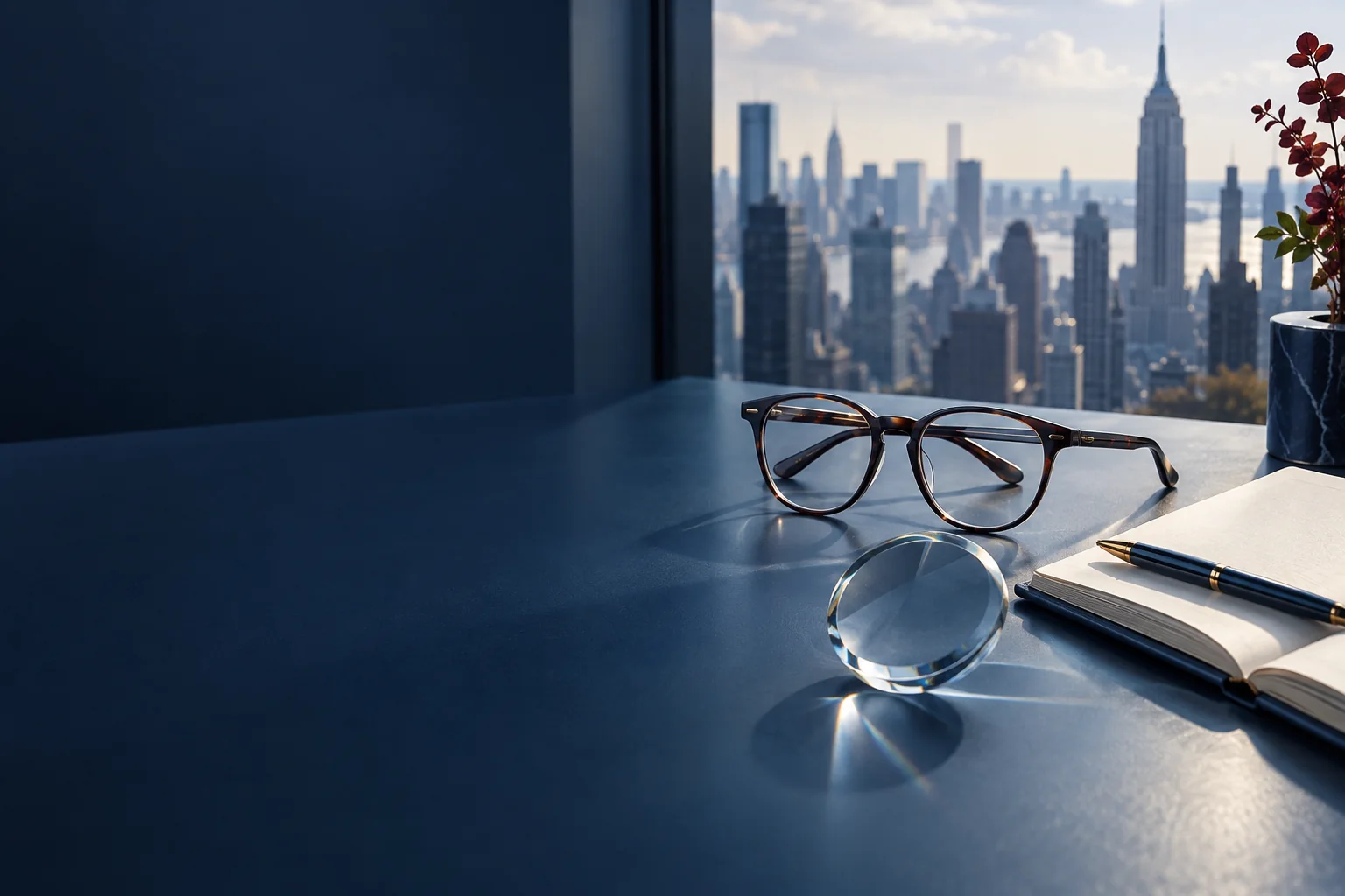 Eyeglasses, optical glass and a blank notebook on a desk