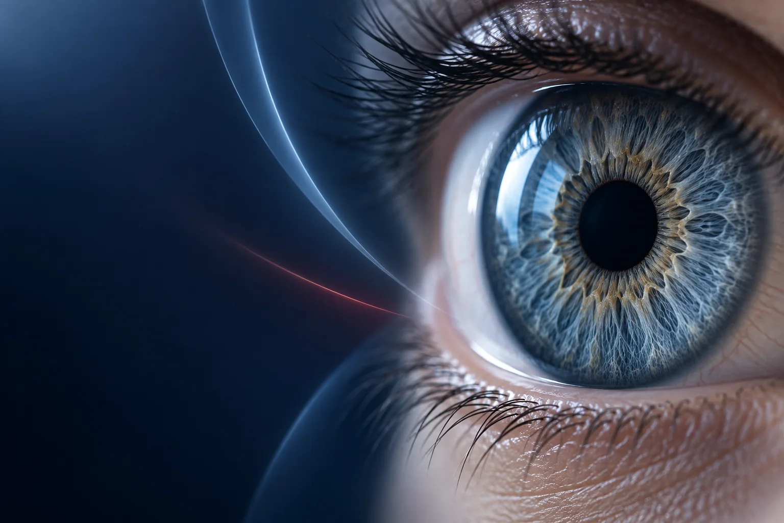 Close-up of a blue-gray eye with soft optical light reflections