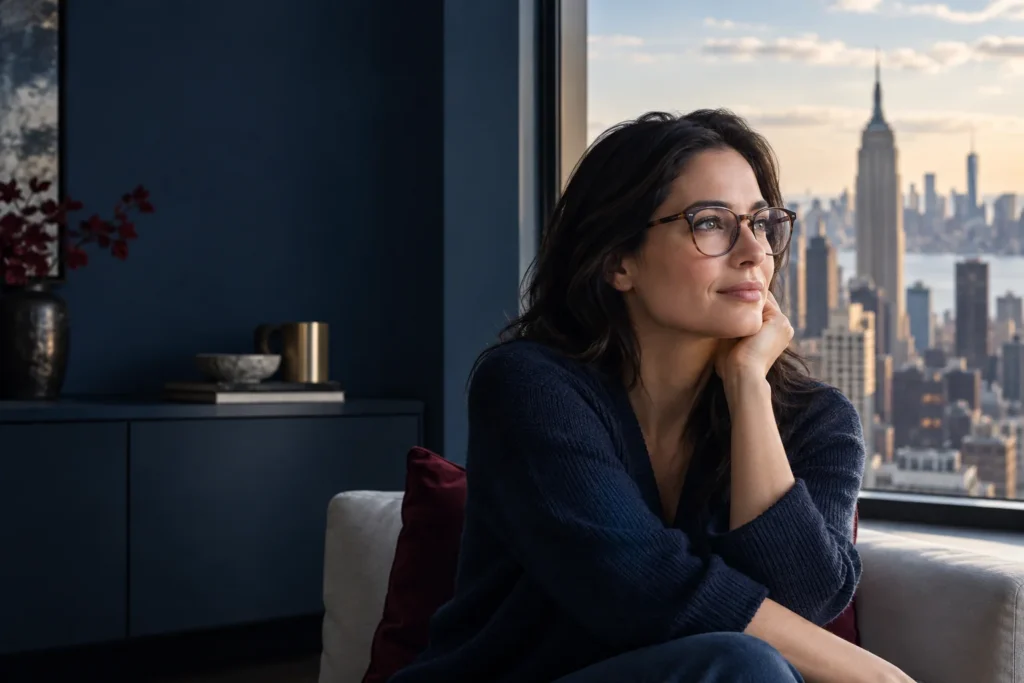 Adult wearing eyeglasses looking toward a softly blurred New York skyline