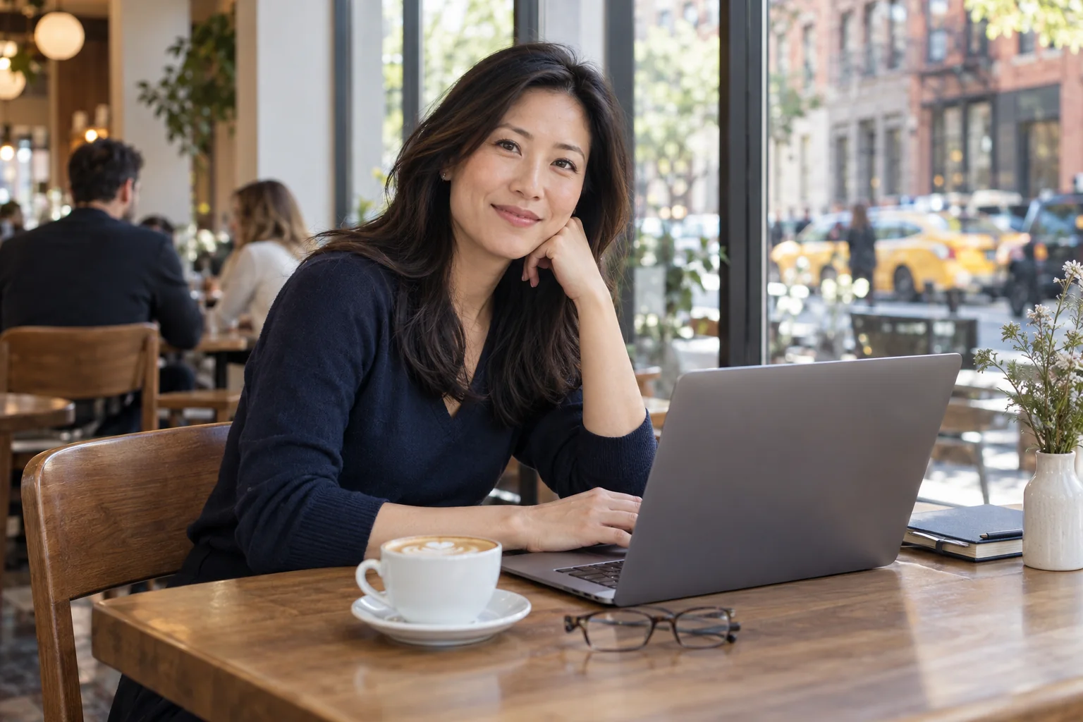 Woman at a New York cafe with a laptop and glasses resting on the table
