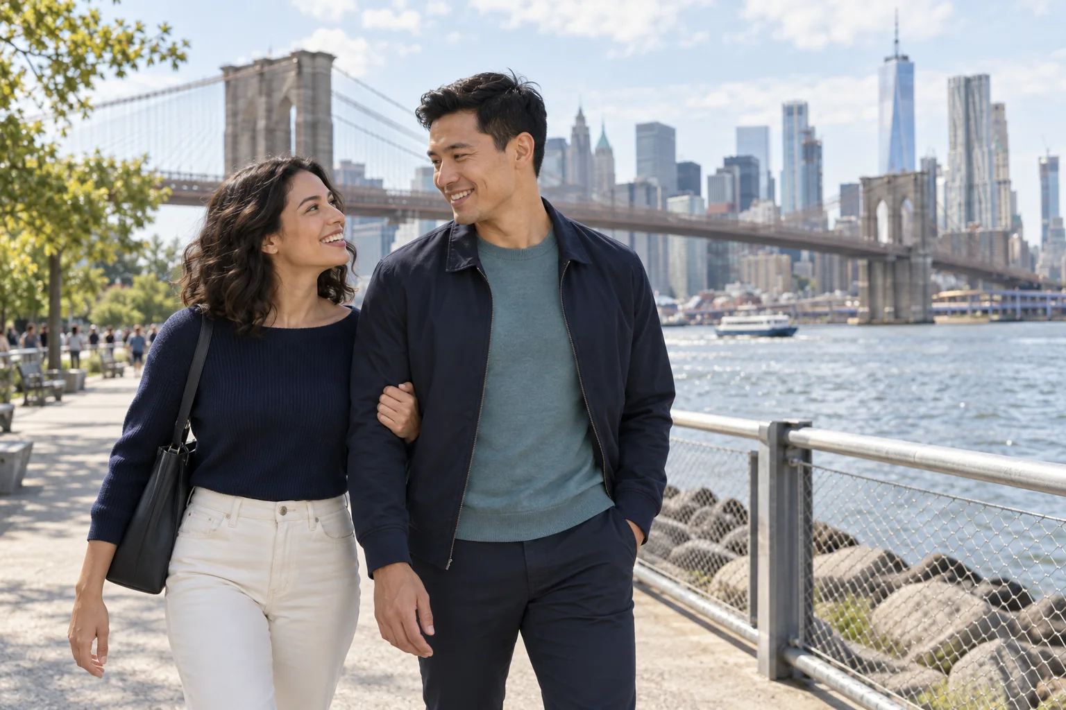 Couple walking along Brooklyn Bridge Park with the Manhattan skyline