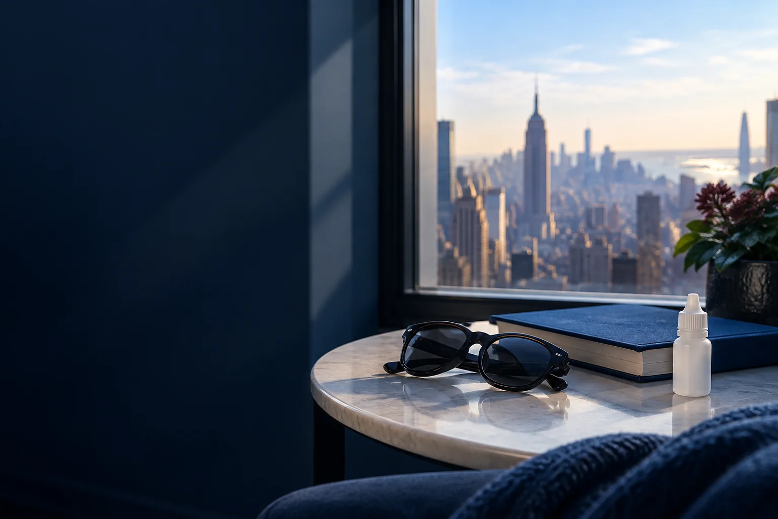 Sunglasses, an unbranded eye-drop bottle and a book beside a New York window