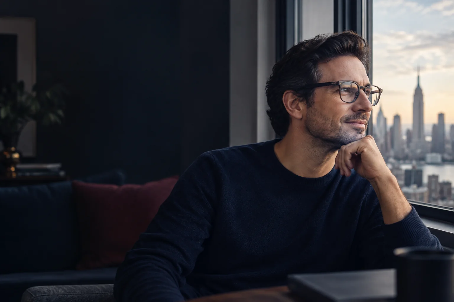 Man wearing glasses looking out toward the New York skyline