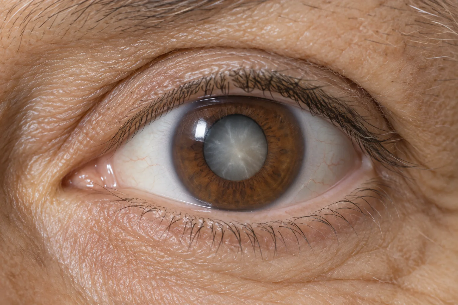 Illustration of an eye with a mature cataract visible as gray-white lens clouding behind the pupil