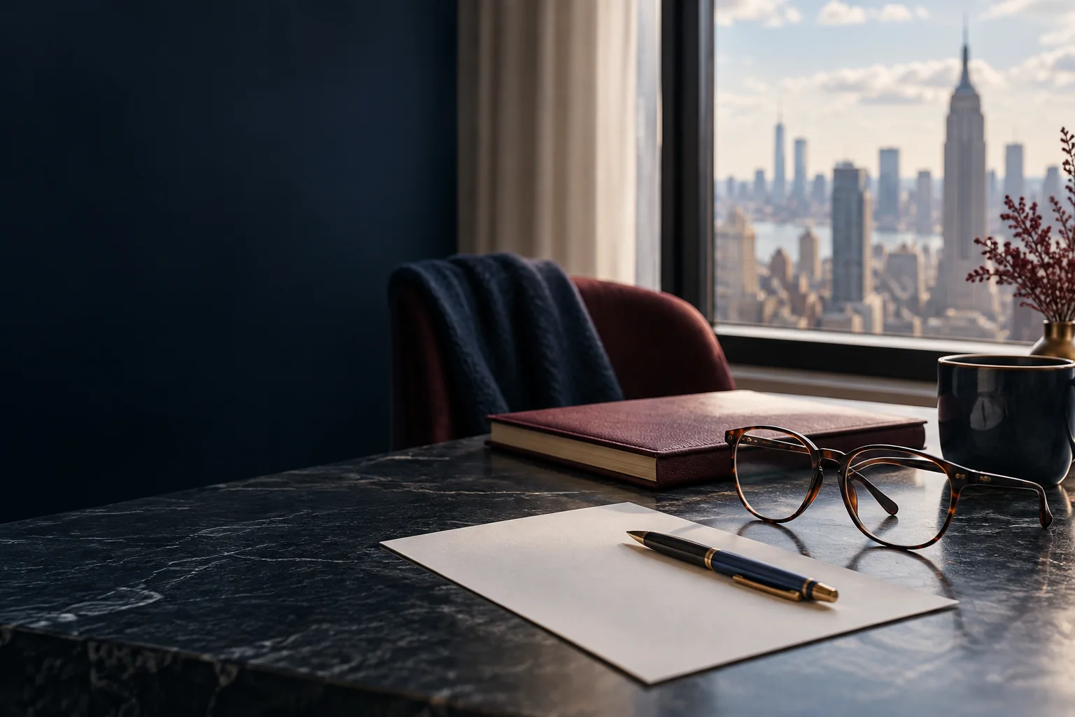Reading glasses, a blank sheet and a notebook beside a New York window
