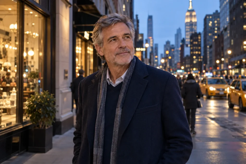 Man standing on a Manhattan sidewalk at dusk with illuminated storefronts and taxis behind him