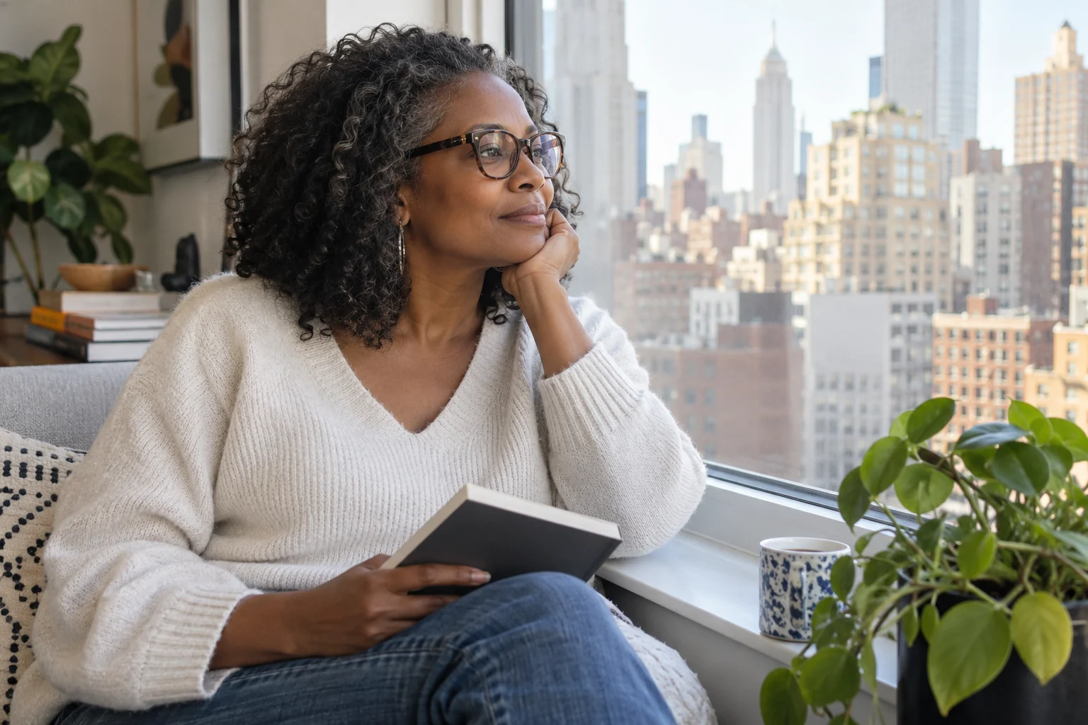 Woman wearing glasses beside a Manhattan apartment window, holding a book