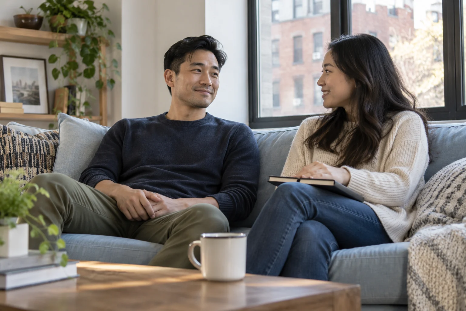 Man resting on a sofa while a companion helps plan appointments in a Brooklyn apartment