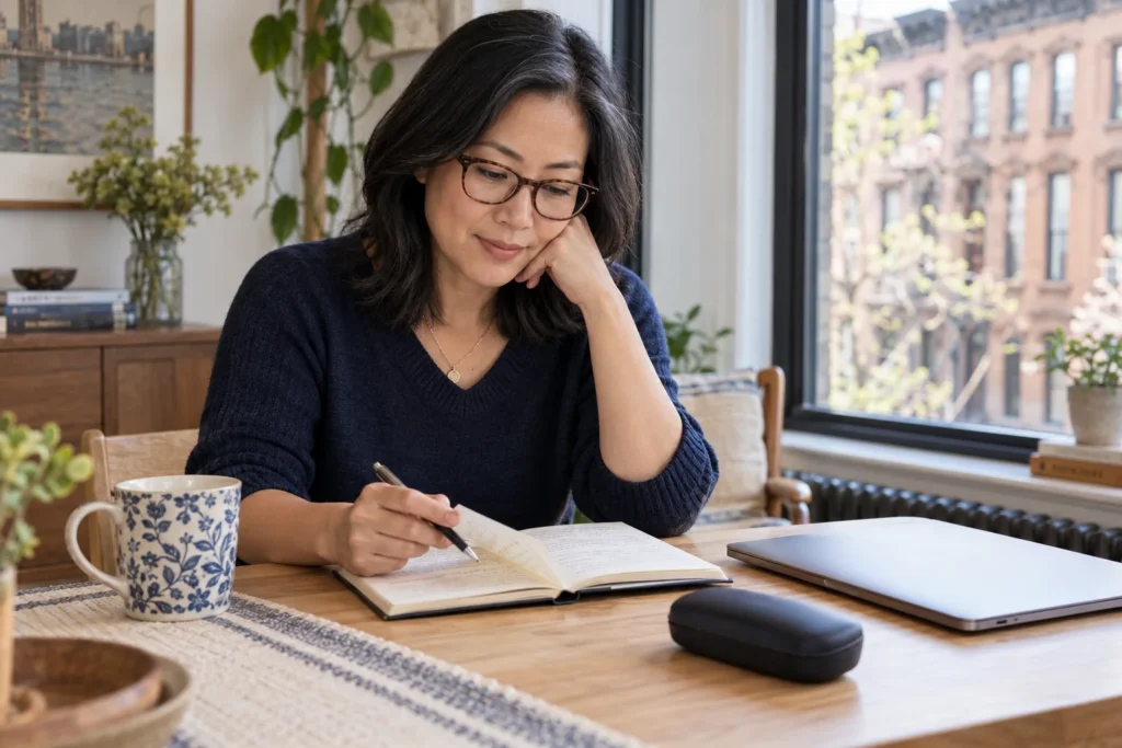 Woman wearing glasses and writing consultation questions at a table in a Brooklyn home