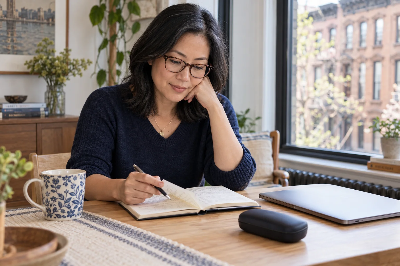 Woman wearing glasses and writing consultation questions at a table in a Brooklyn home