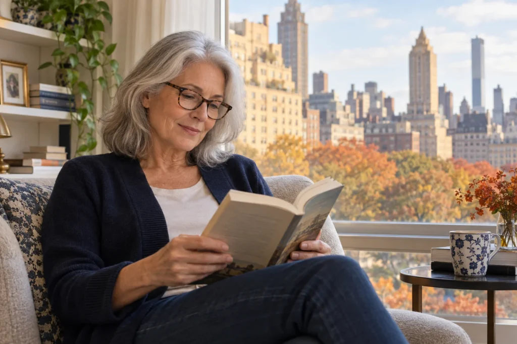 Older woman wearing reading glasses and reading beside a Manhattan apartment window