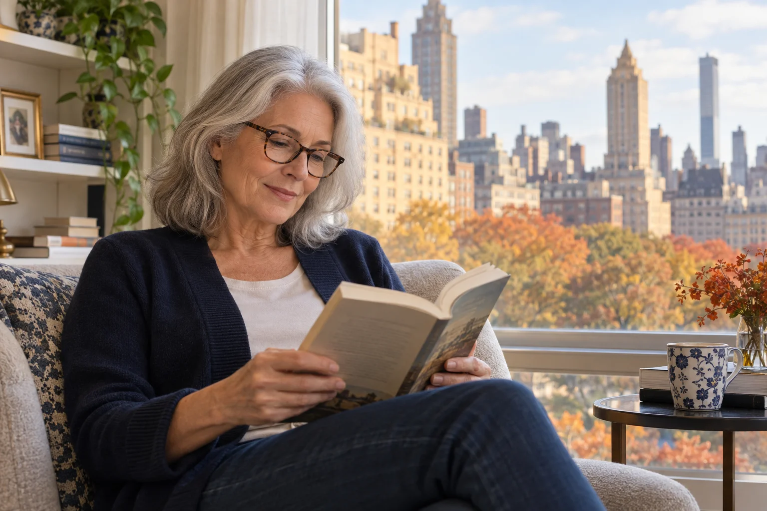 Older woman wearing reading glasses and reading beside a Manhattan apartment window